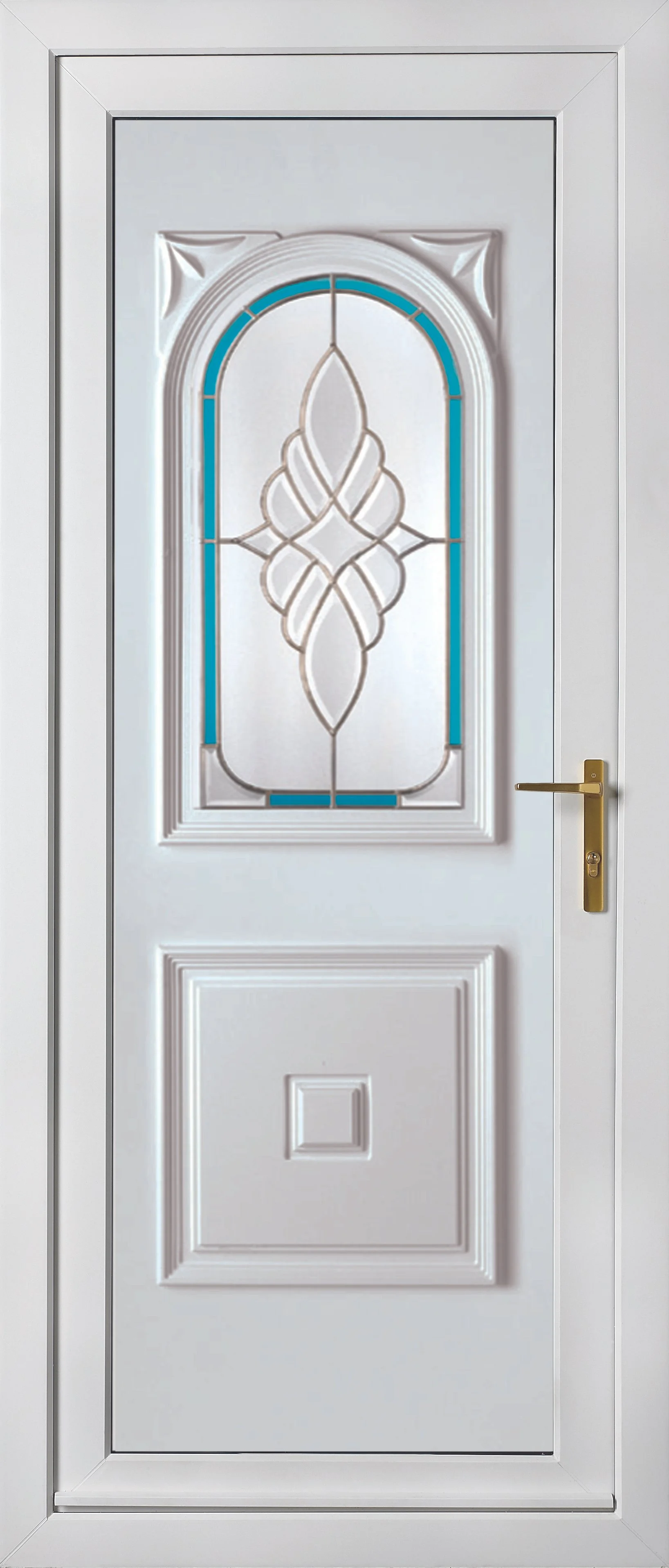 White front door with decorative stained glass panel featuring a geometric pattern with blue accents and gold door handle.