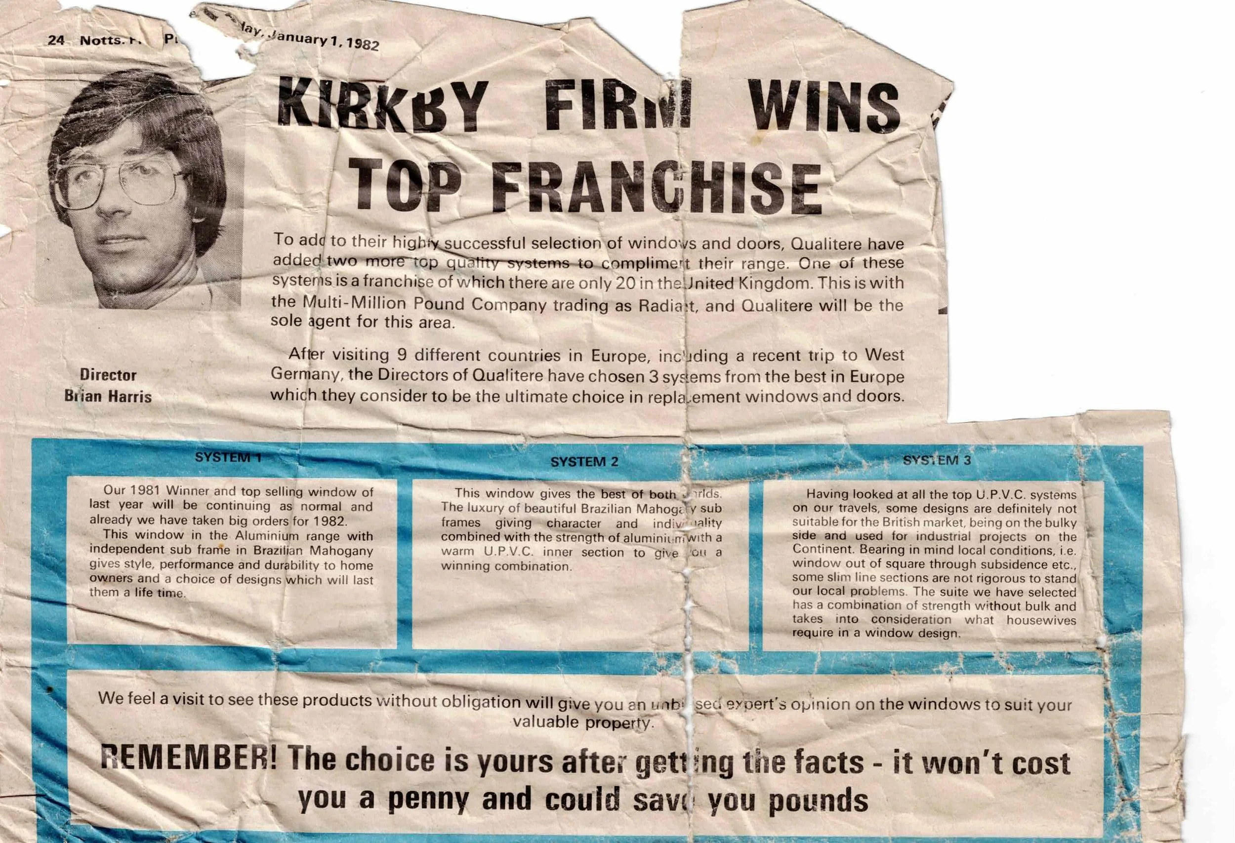 A wrinkled newspaper clipping from January 1, 1982, announcing that Kirkby Firm wins top franchise, with an image of a man wearing glasses at the top left, and featuring three highlighted systems with descriptions. The headline is bold and prominent, with additional paragraphs of text underneath, some of which are torn or obscured.