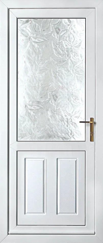 White door with a glass panel covered by textured frosted film and a brass handle.