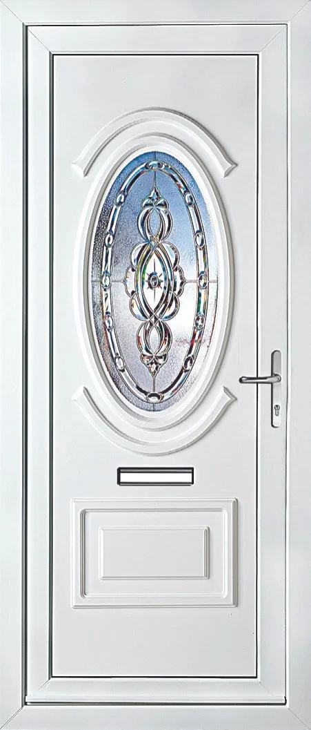 White front door with an oval stained glass window and a mail slot.