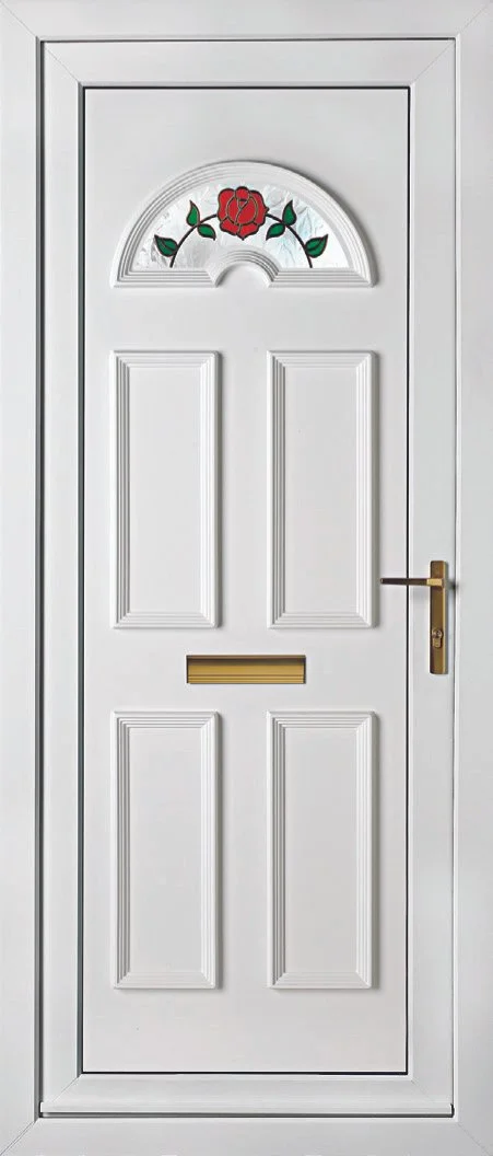 White front door with decorative stained glass window featuring a red rose and green leaves, brass mail slot, and brass handle.