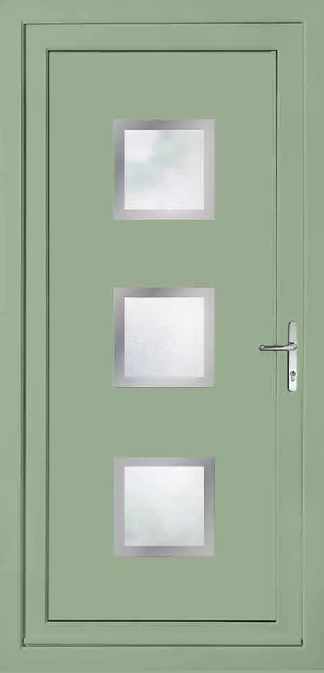 Green exterior door with three square frosted glass windows and a silver handle.