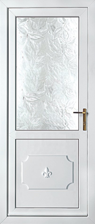 White door with a textured glass panel at the top and a decorative panel at the bottom, featuring a small fleur-de-lis emblem, and a brass handle.