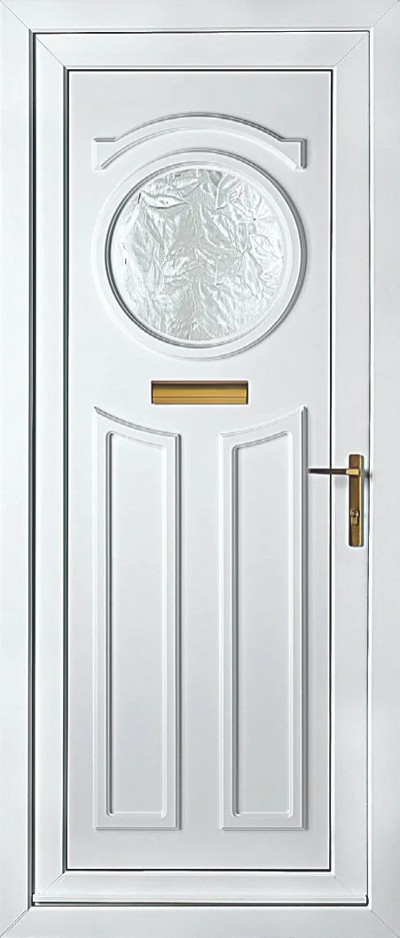 White door with a circular window covered in plastic and a gold mail slot, with a gold handle.