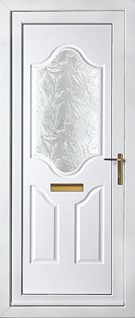 White exterior door with a textured glass window, a gold handle, and a mail slot.
