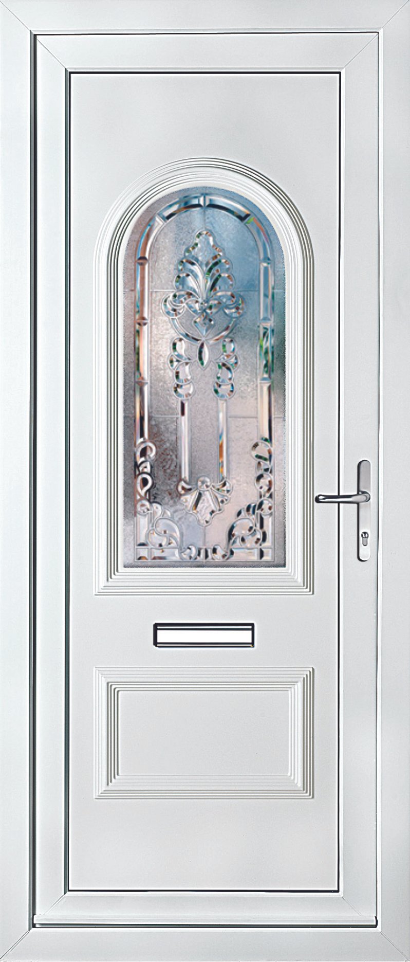 A white exterior door with a decorative glass panel and a mailbox slot at the bottom.