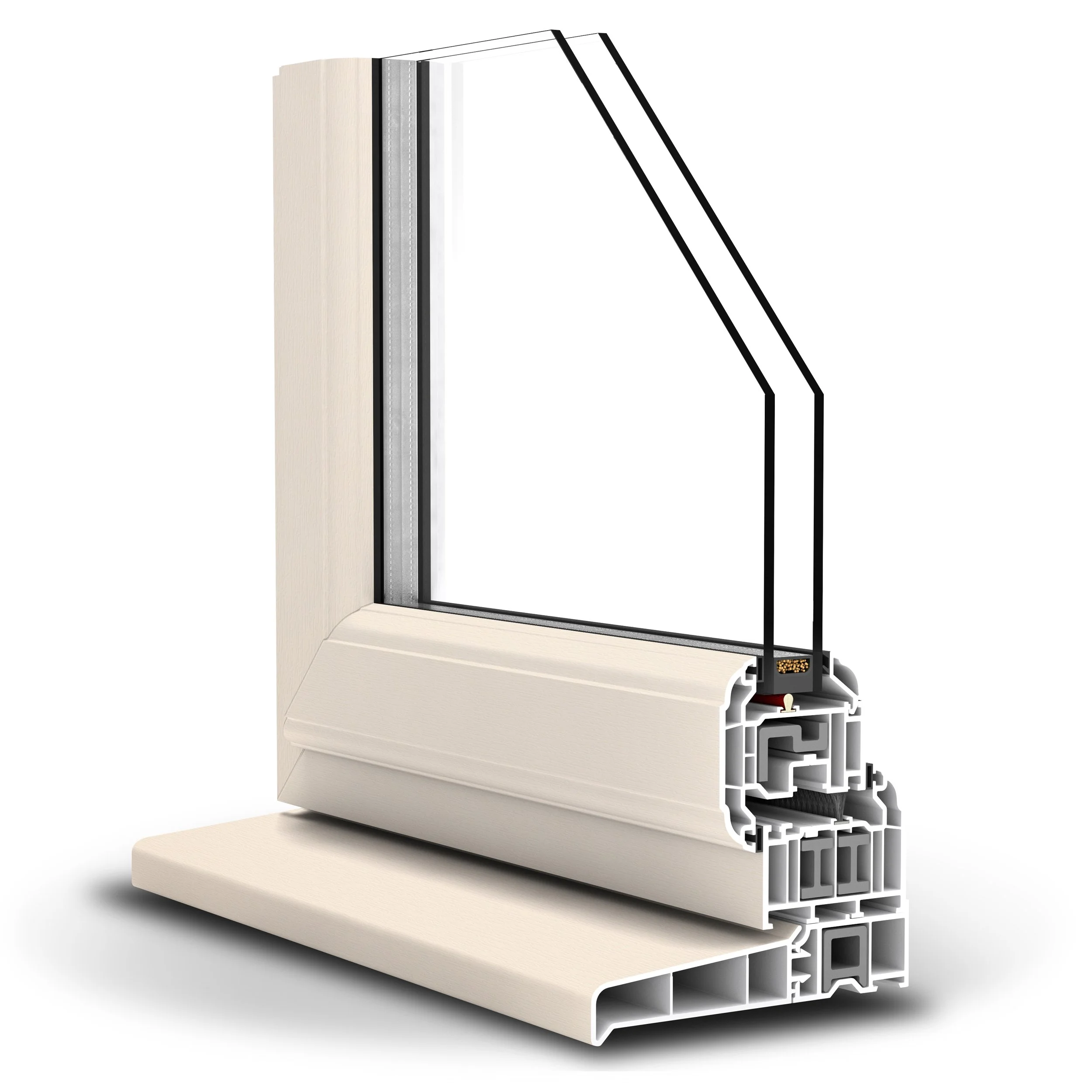 Cross-section of a white vinyl or plastic window frame with glass pane and sealing components.