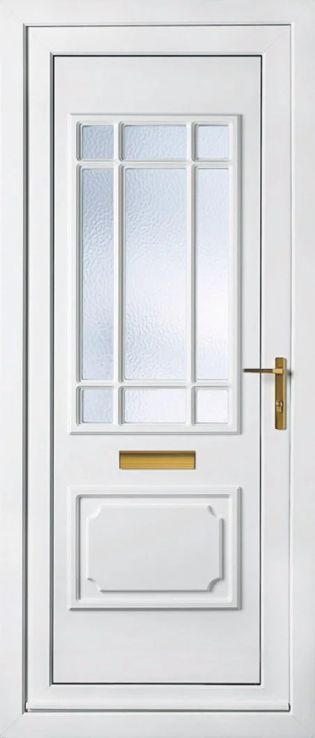 White front door with textured glass panels, gold handle, and mail slot.