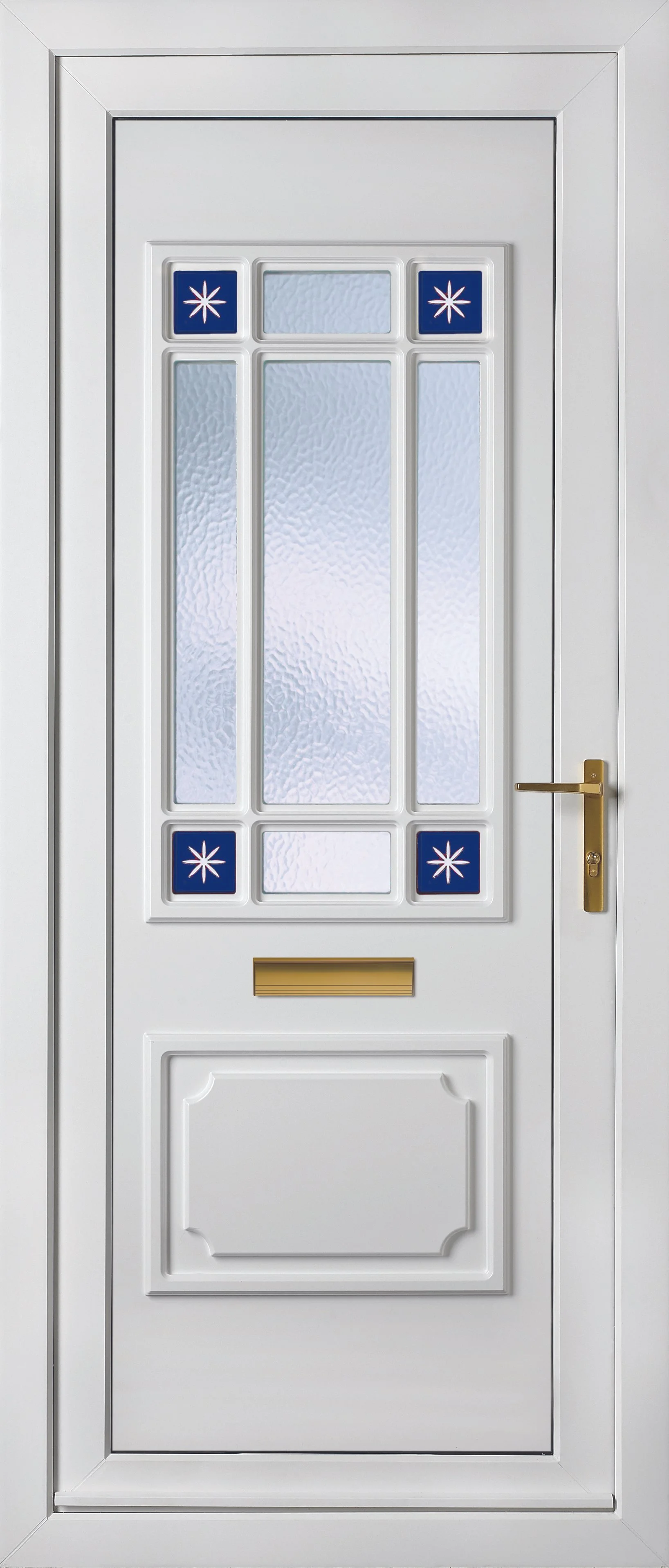 White front door with decorative glass panels and blue tiles with white starburst designs, gold mail slot, and gold handle.