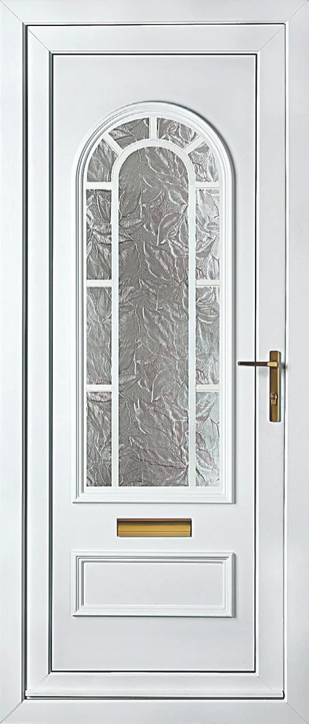 White front door with an arched glass window, textured metallic glass, a brass mail slot, and a brass handle.