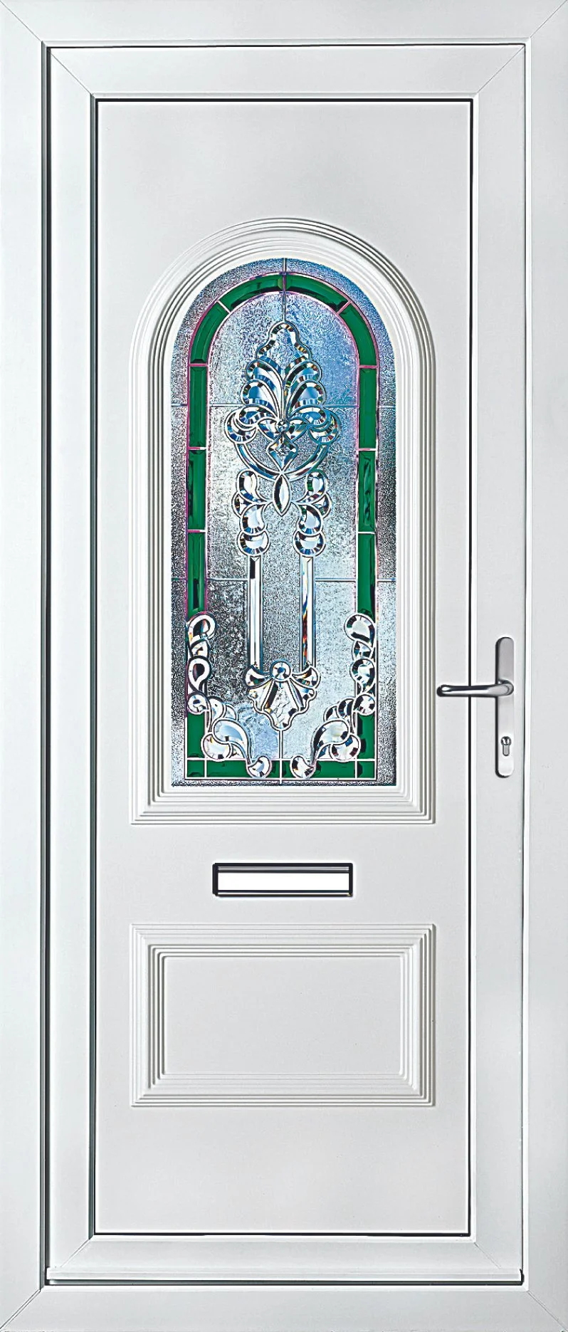 White front door with a decorative stained glass window featuring floral and geometric patterns and a mail slot below.
