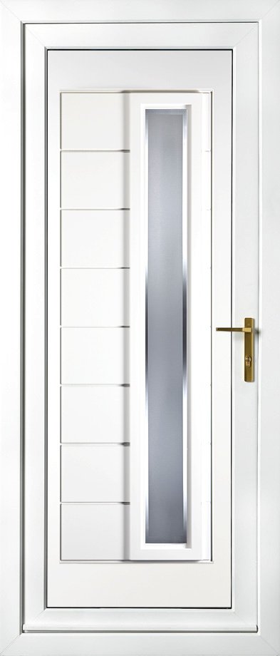 White exterior door with horizontal panel details, vertical glass window, and brass handle.