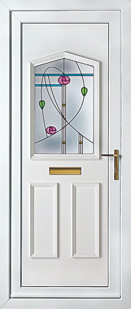 White front door with a decorative stained glass window featuring pink flowers and green leaves, gold mail slot, and a gold handle.