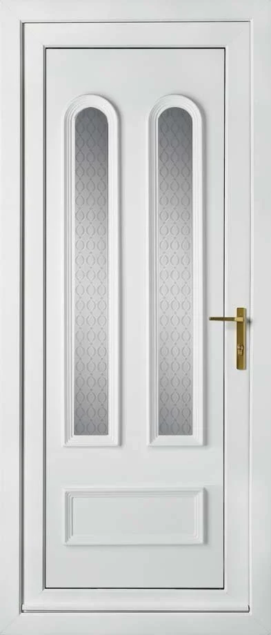White interior door with two frosted glass panels and brass handle