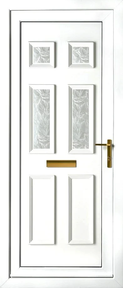 White front door with four glass panels and a gold-colored handle and mail slot.