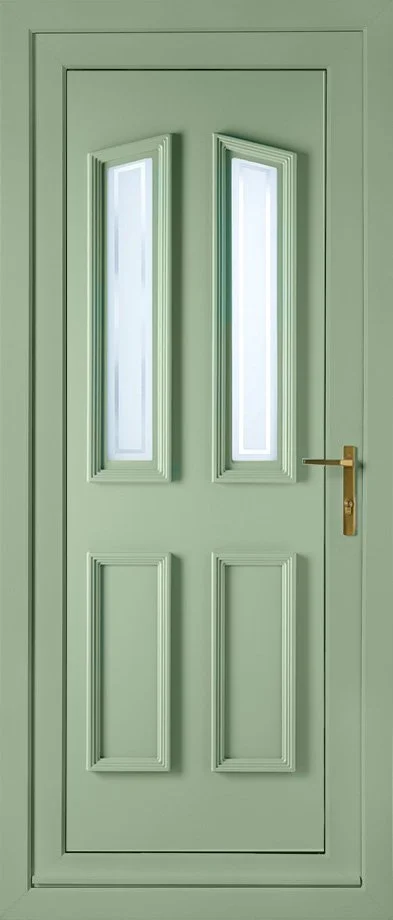 Green front door with two narrow vertical windows and a brass handle.