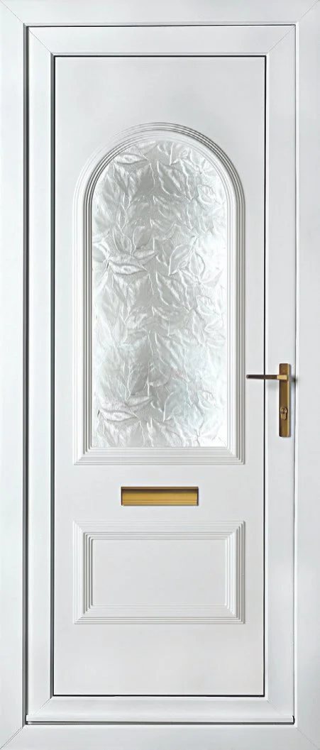 White front door with a frosted glass panel and a brass handle and mail slot.