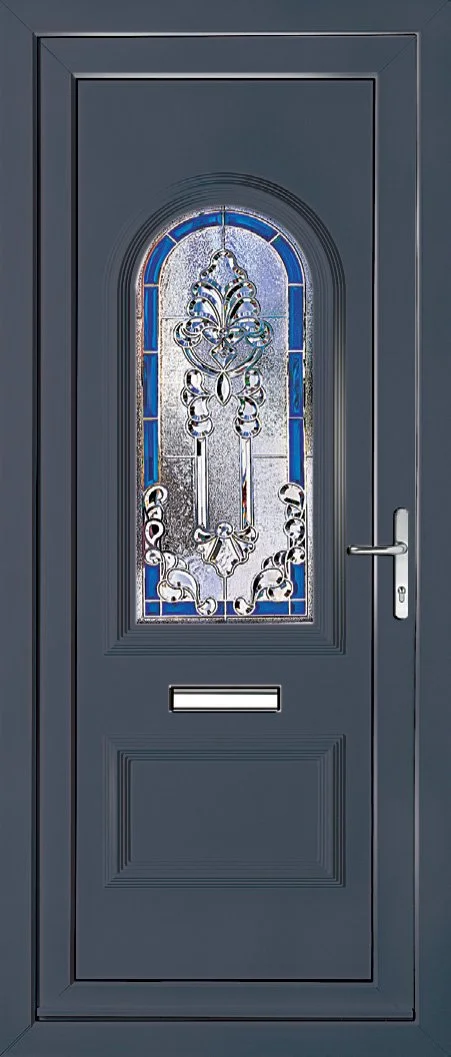 A blue front door with a decorative stained glass window featuring intricate patterns and blue accents.