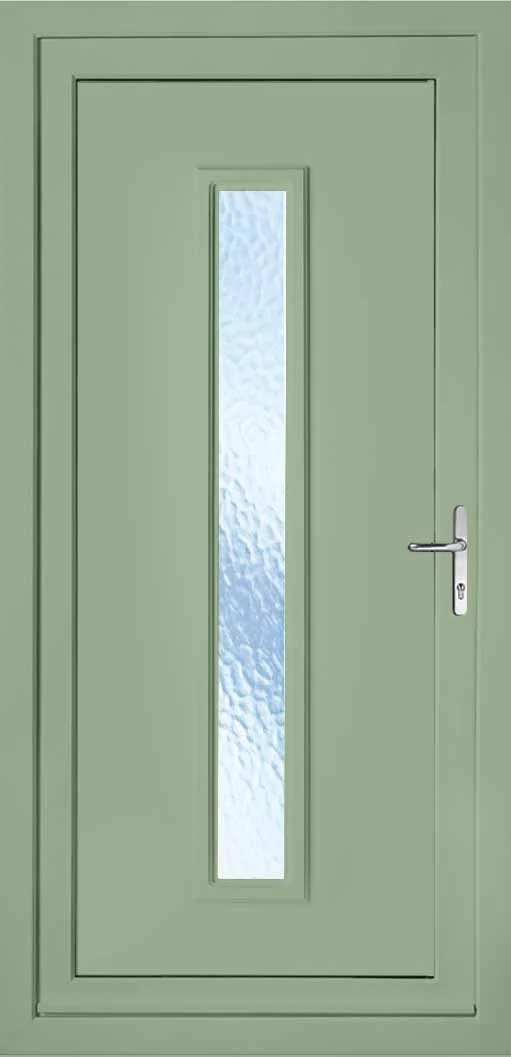 Green door with a narrow frosted glass window and a silver handle