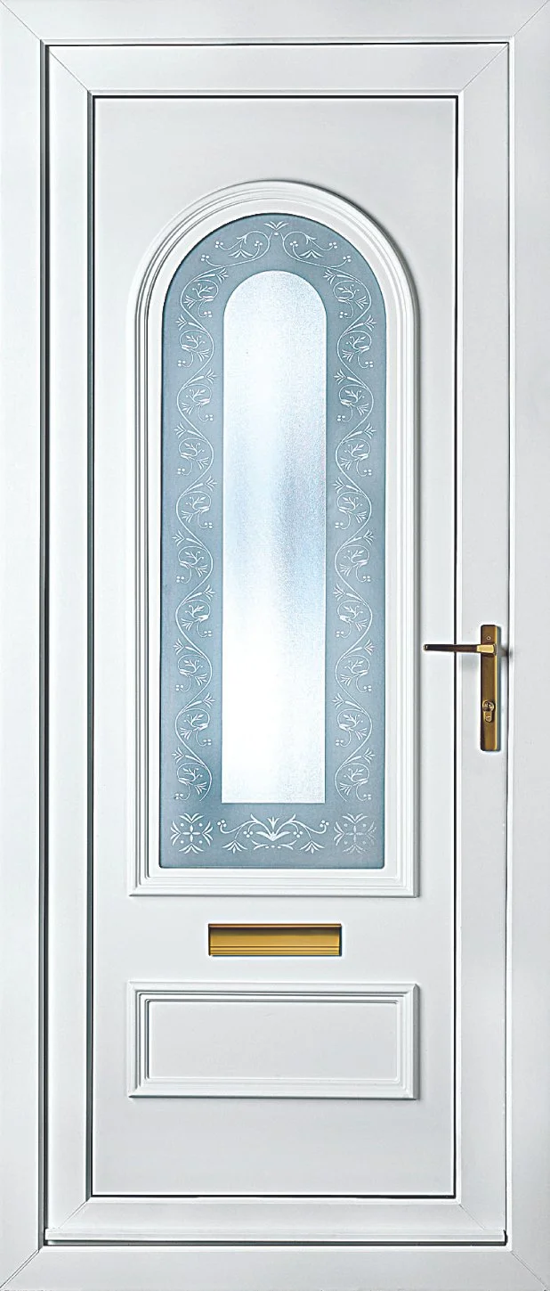 White front door with a frosted glass window decorated with floral patterns and a brass mail slot.