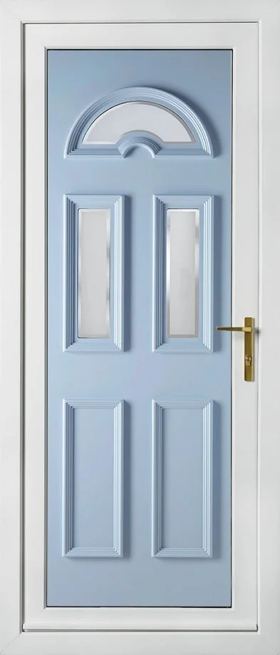 Light blue exterior door with decorative panels and a semi-circular window at the top, with a gold door handle on the right side.