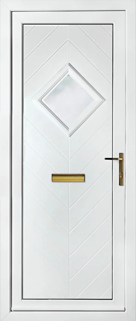 White door with a diamond-shaped window and a gold mail slot.
