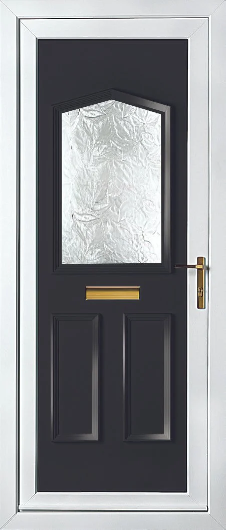 Front door with a black finish, a window with textured glass, a brass mail slot, and a brass handle.