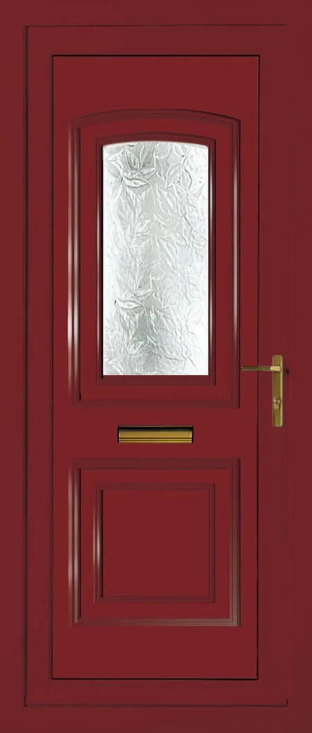 Red front door with a rectangular glass window and a brass handle