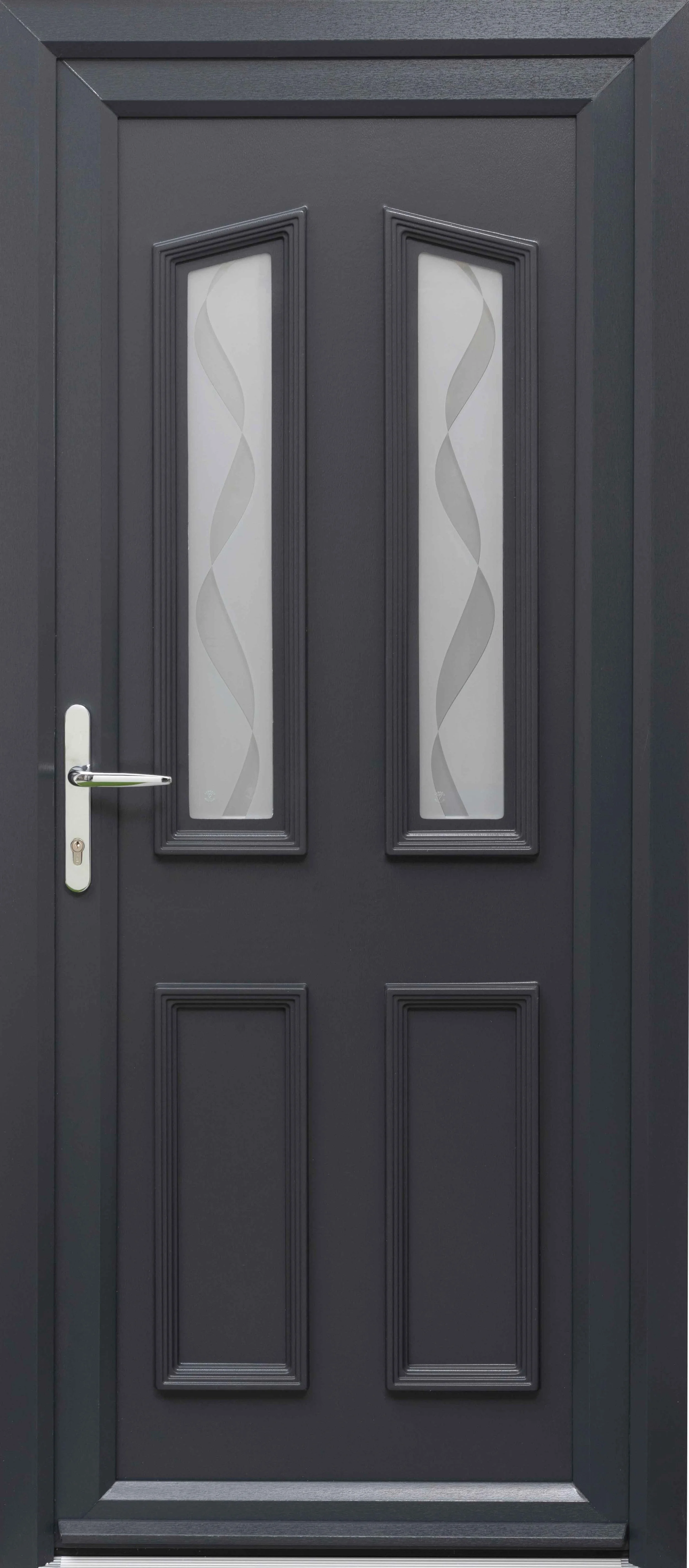 Close-up of a black front door with two rectangular frosted glass panels featuring a wavy line pattern, a silver handle, and a keyhole.