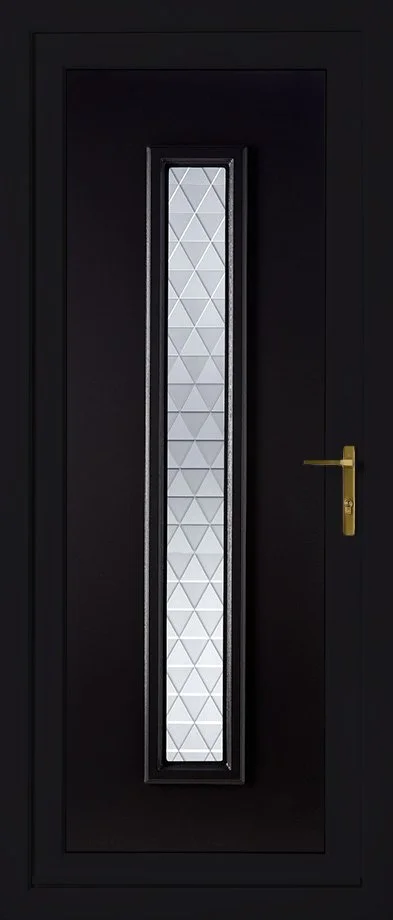 Black exterior door with a vertical rectangular window featuring a geometric pattern, gold handle and lock.