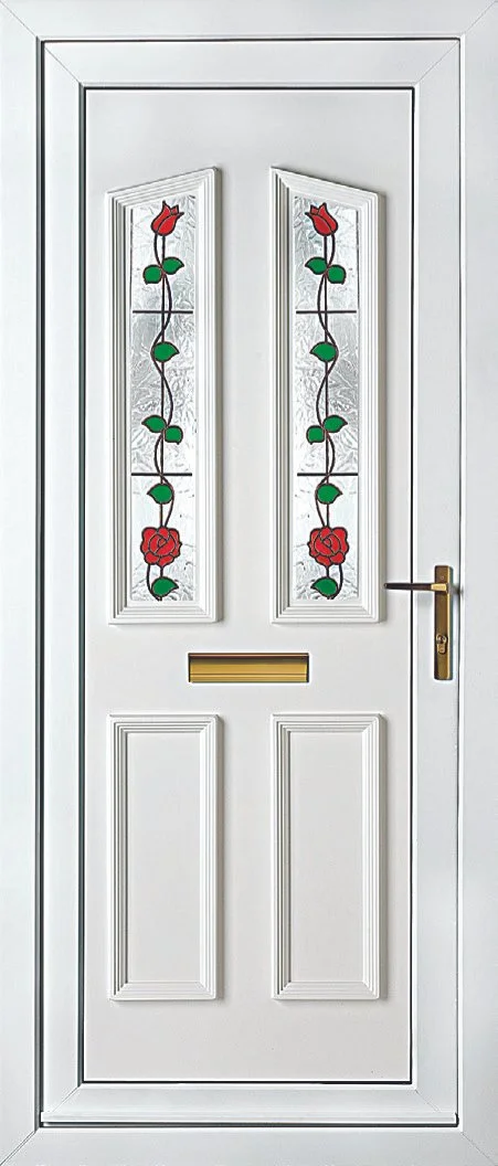 White door with stained glass panel featuring red roses and green vines.