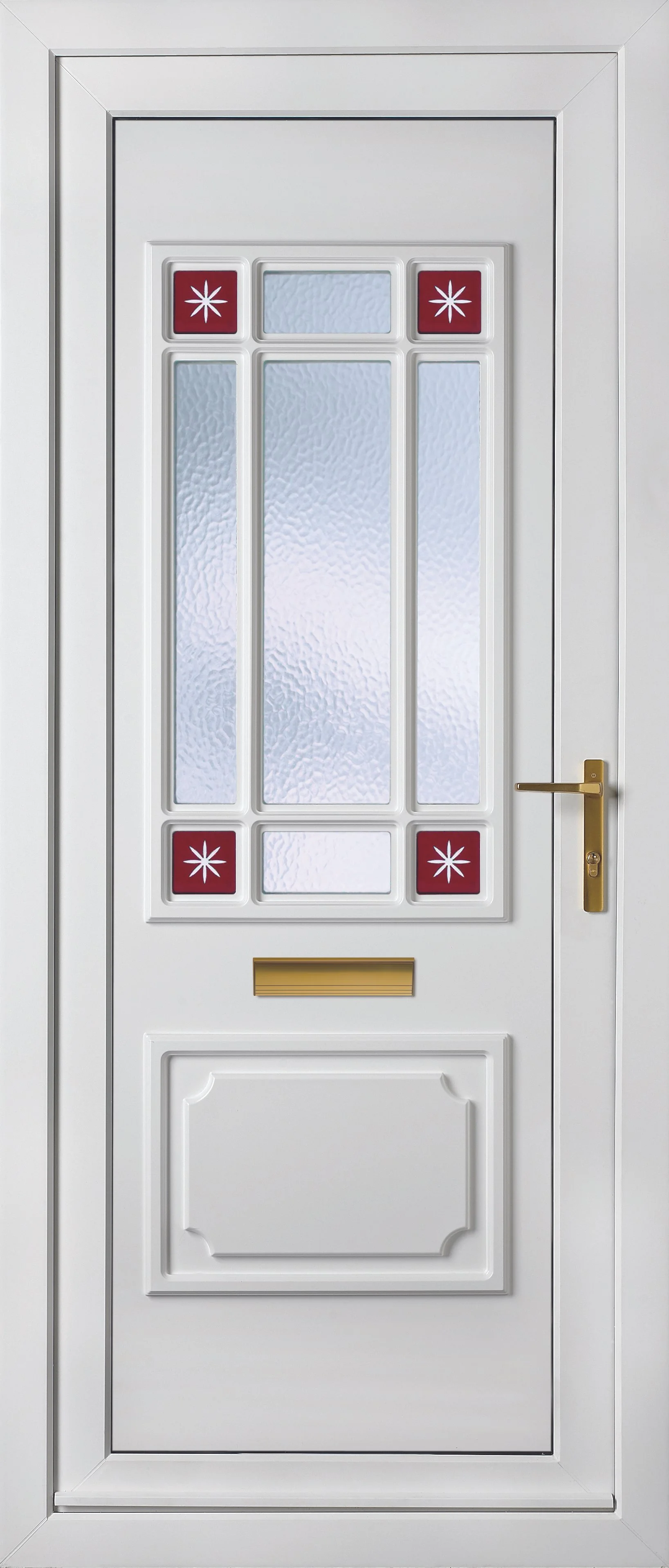 White front door with decorative frosted glass panels and red accent tiles with white starburst patterns, featuring a brass handle and letter slot.