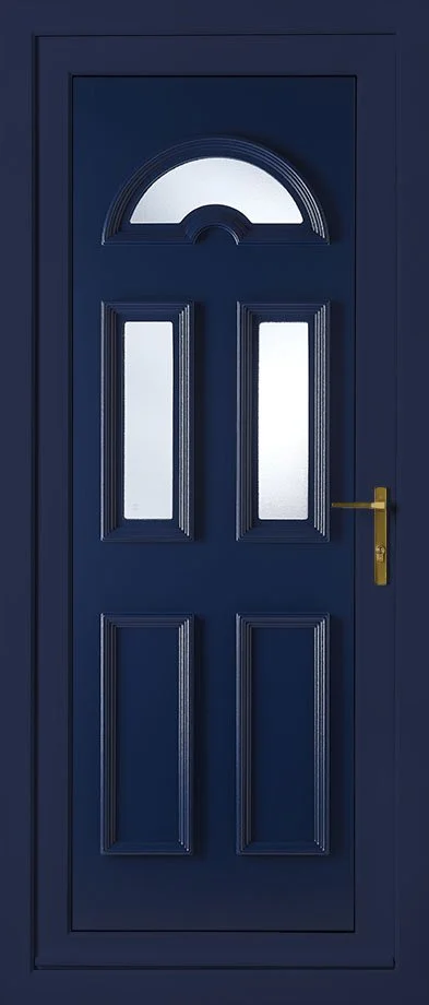 Blue front door with two glass panels, a semi-circular glass window at the top, and a brass handle