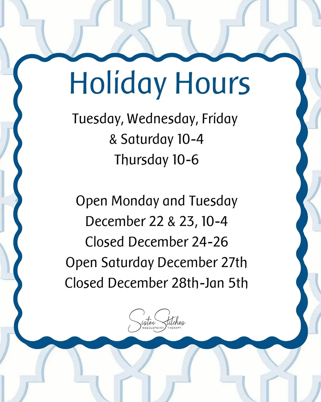 Holiday Hours are in full swing!

We can&rsquo;t wait to help you with your stitching and shopping. 

#huntsvilleneedlepoint #localneedlepointstore