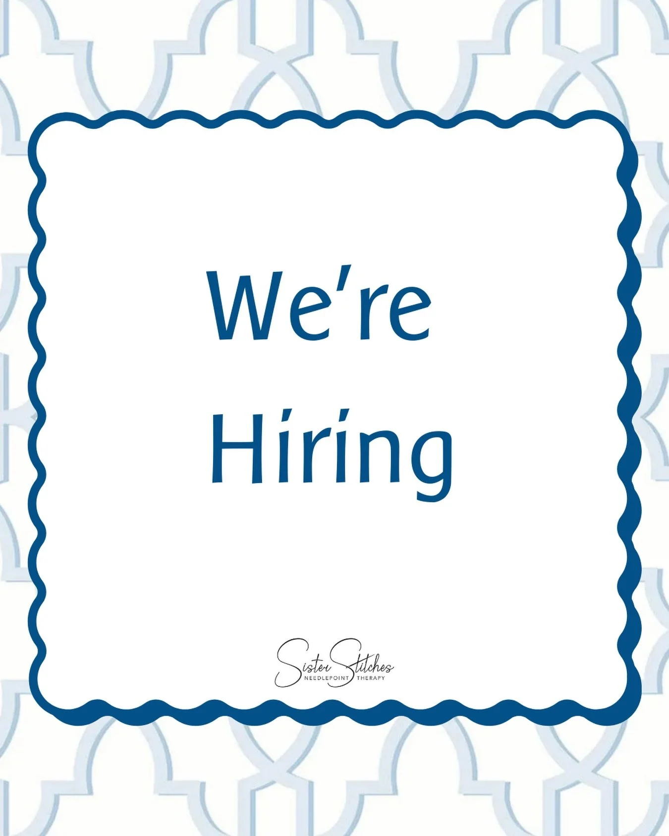 Sister Stitches is Hiring! 
We are looking for part time help Tues-Sat. Some knowledge of needlepoint required.
Send us a DM if interested!

#needlepointersofinstagram #localneedlepointshop #hiring #needlepoint