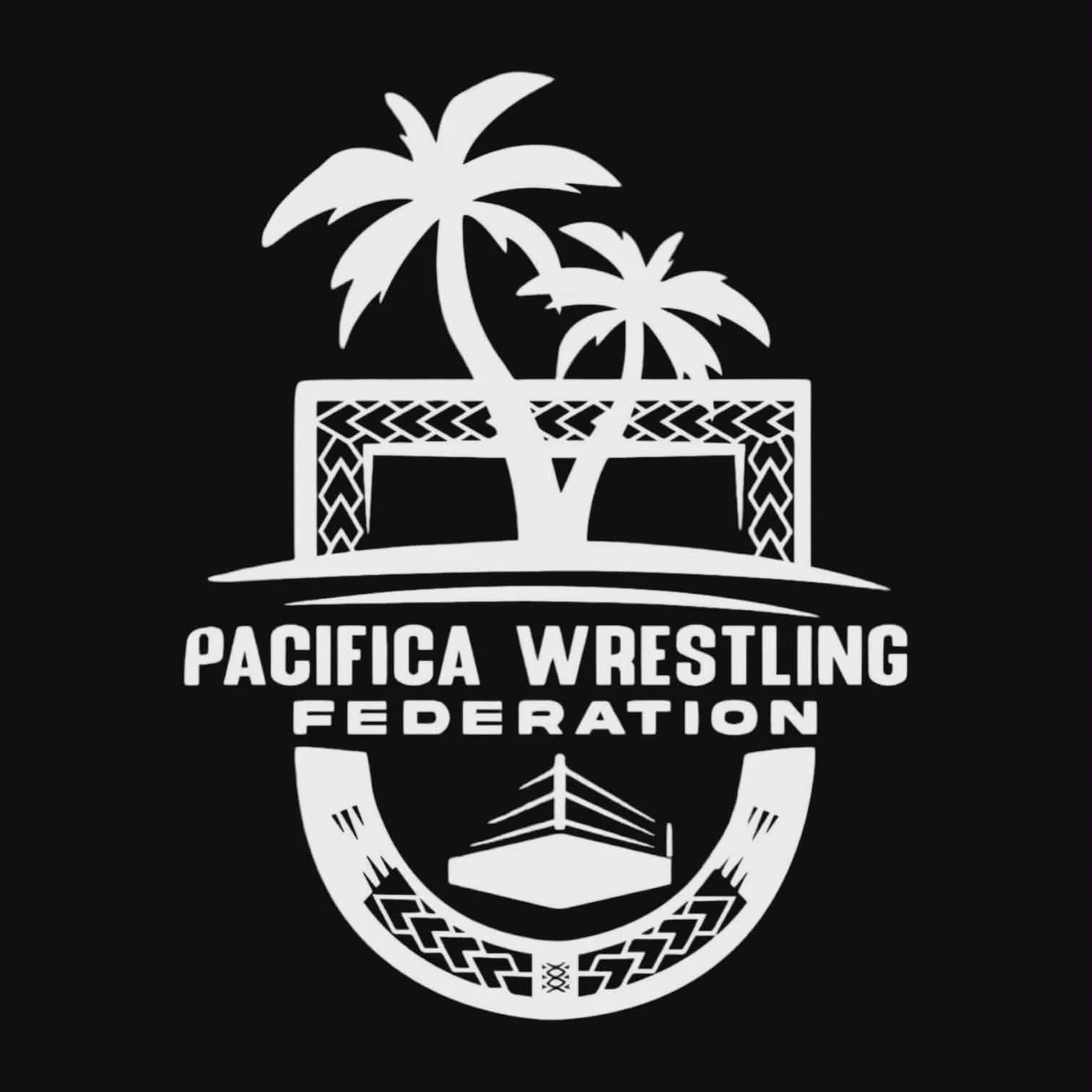 Logo of Pacifica Wrestling Federation featuring palm trees, a wrestling ring, and a ship.