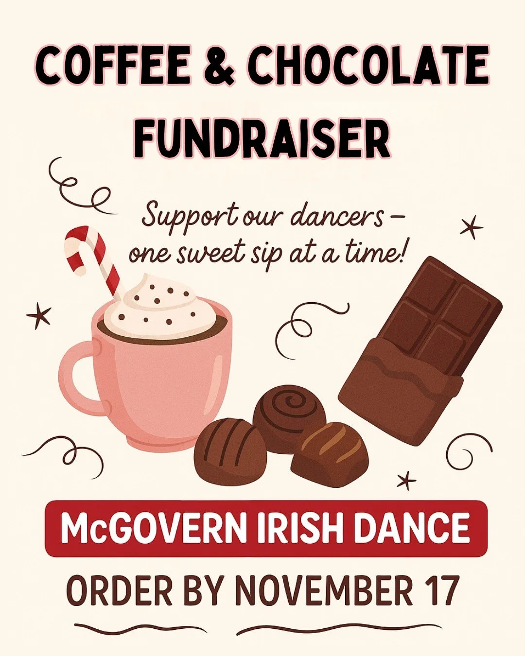 🍫☕ Sweet + Caffeinated = The Perfect Fundraiser! ☕🍫
Help support McGovern Irish Dance with our Coffee &amp; Chocolate Fundraiser &mdash; it&rsquo;s the last one before costume orders! 💃✨
🗓️ Orders due Nov. 17
📧 Learn more here: https://www.mcgov