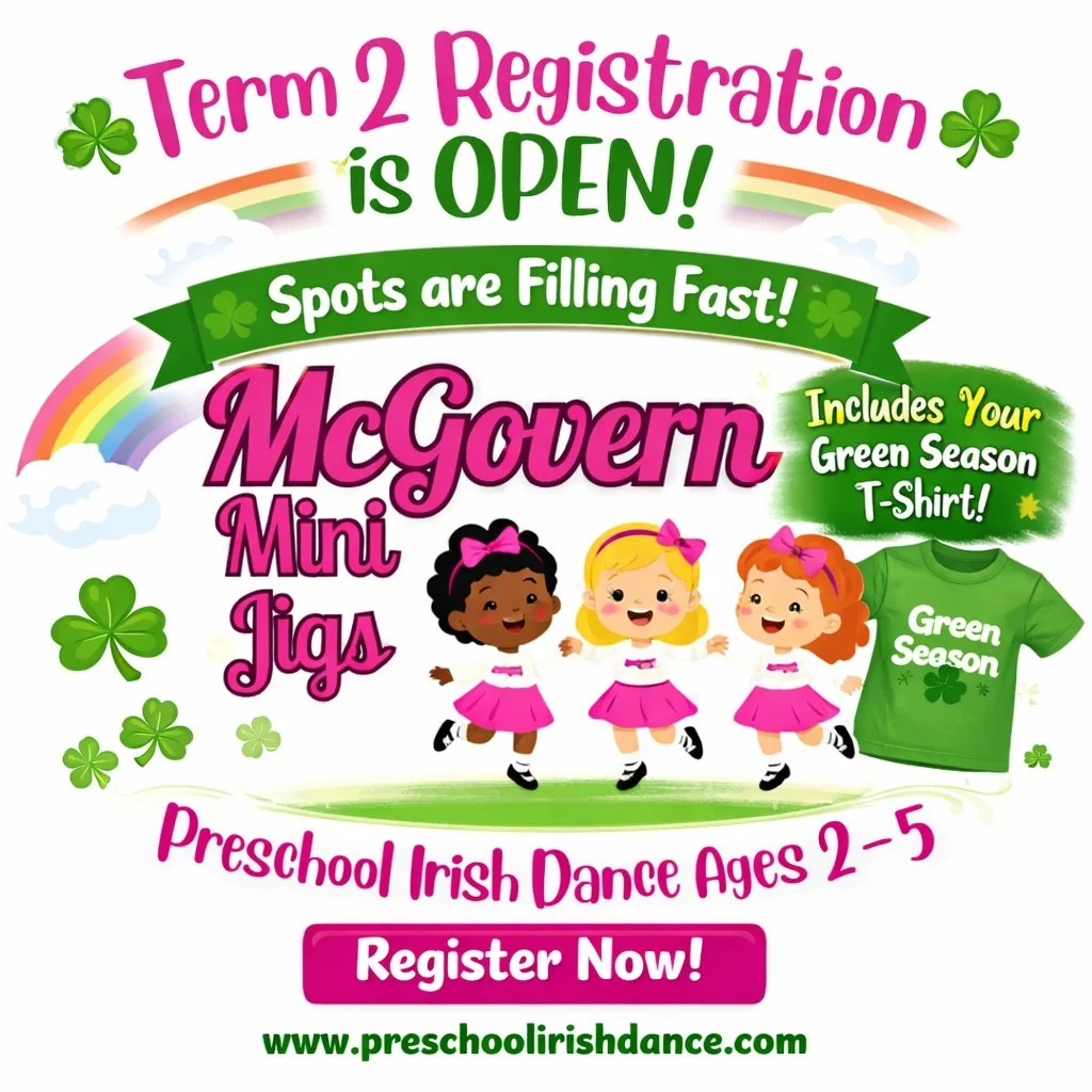🍀 Preschool Irish Dance at McGovern Irish Dance 🍀

Did you know McGovern Irish Dance offers a preschool Irish dance program for ages 2&ndash;5?
Meet McGovern Mini Jigs &mdash; where little dancers begin their Irish dance journey in a fun, playful, 
