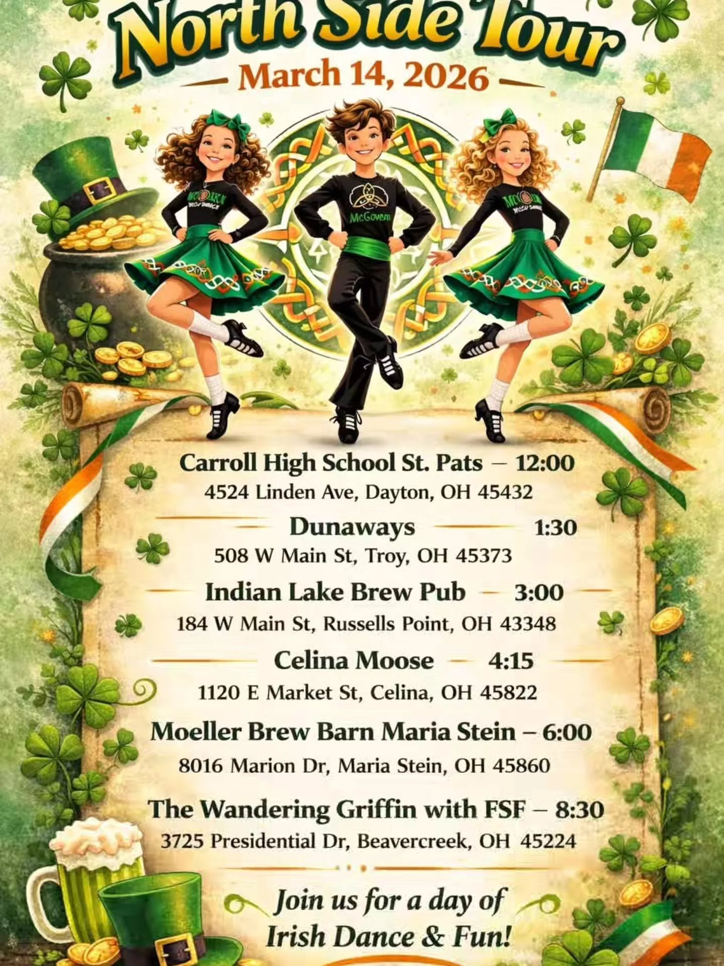 ☘️🚗 NORTH SIDE TOUR 2026 🚗☘️

March 14 we&rsquo;re loading up the dresses, lacing up the ghillies, and taking Green Season on the road 💚

6 stops.
1 big green day.
A whole lot of fast feet and Irish pride.

𝗛𝗲𝗿𝗲&rsquo;𝘀 𝘄𝗵𝗲𝗿𝗲 𝘆𝗼𝘂 𝗰𝗮