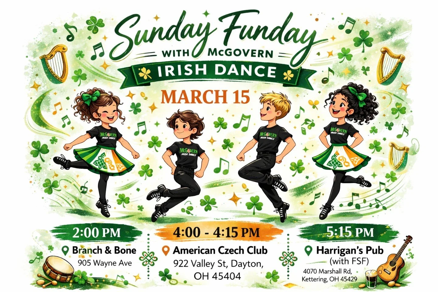 𝗦𝘂𝗻𝗱𝗮𝘆 𝗙𝘂𝗻𝗱𝗮𝘆 𝗶𝘀 𝗼𝗳𝗳𝗶𝗰𝗶𝗮𝗹𝗹𝘆 𝗦𝗧𝗔𝗖𝗞𝗘𝗗. ☘️💃

Join McGovern Irish Dance on Sunday, March 15 as we bring the magic of Green Season all around Dayton!

Here&rsquo;s where (and when!) you can catch us:

🕑 2:00 PM
📍 Branch &