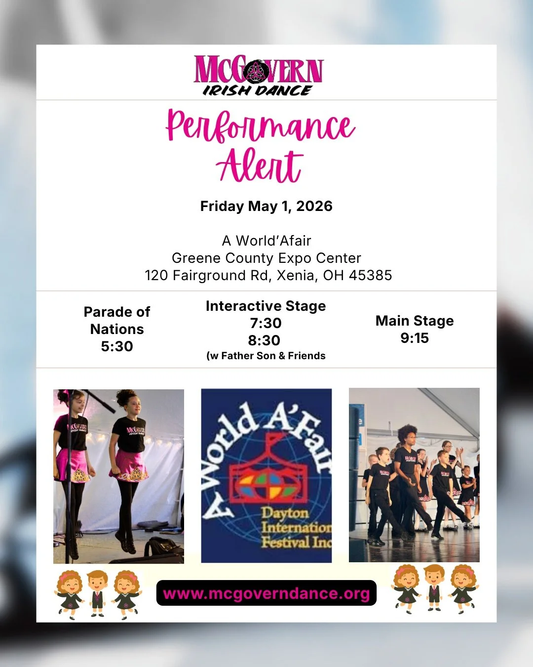 Tonight&rsquo;s the night! 🍀✨

McGovern Irish Dance is kicking off the fun at A World A&rsquo;Fair with an exciting evening of performances! Come cheer on our dancers as they take the stage for the Parade of Nations at 5:30, plus performances on the
