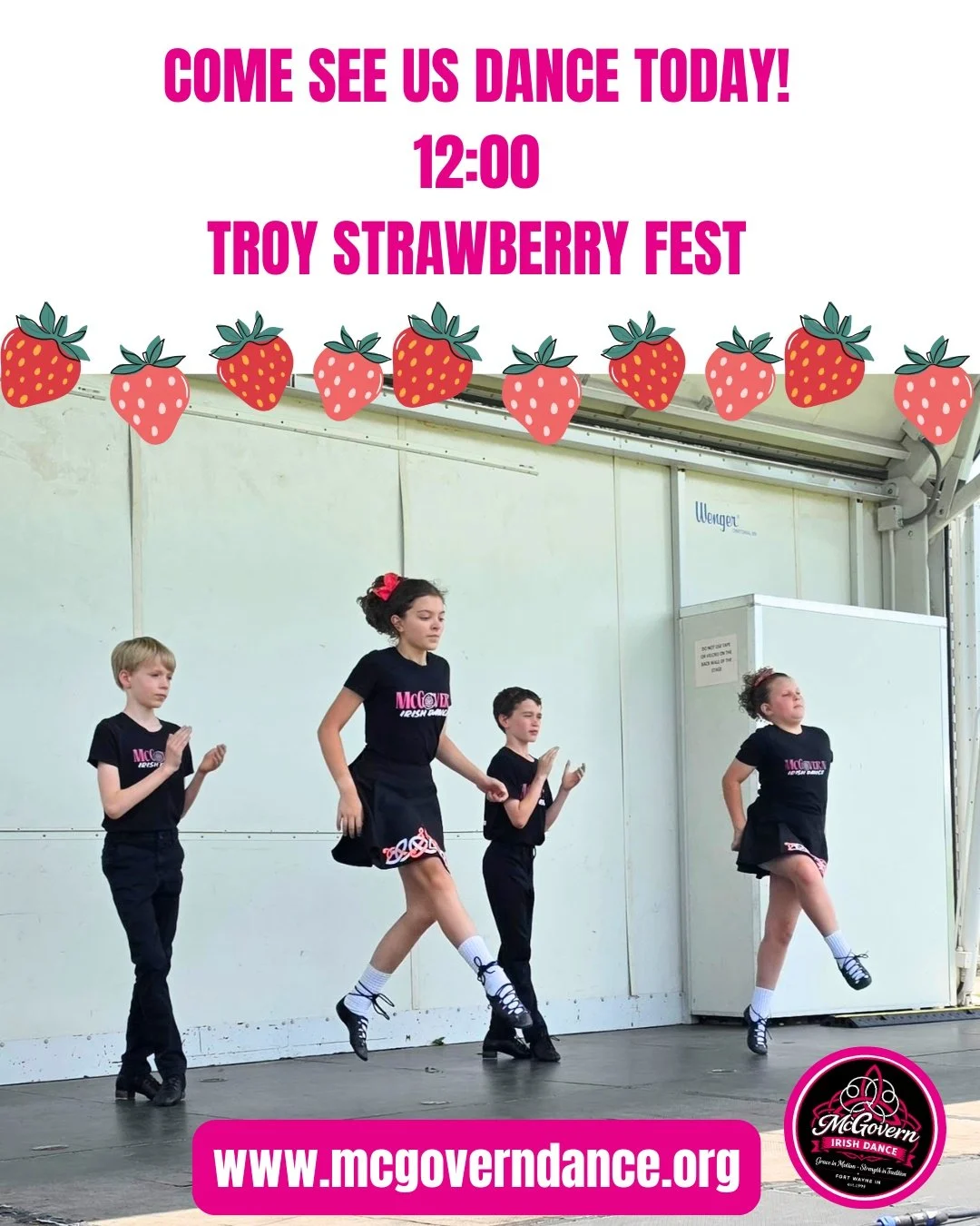 We have one more show today @TroyStrawberryFestival.  Come see us at 12:00 on the Levee Stage along with a few of our Mini Jigs and  a Try It Class after our performance!

#mcgovernirishdance #troyohio #troystrawberryfestival #irishdanceperformance #