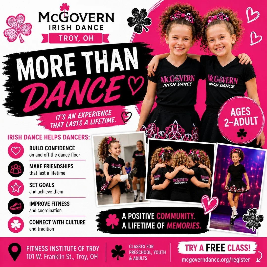 🍀 Fall Registration is Open at McGovern Irish Dance! 🍀

A new dance season is just around the corner, and we can't wait to welcome both new and returning dancers to the McGovern Irish Dance family!

Whether your child dreams of performing on stage,