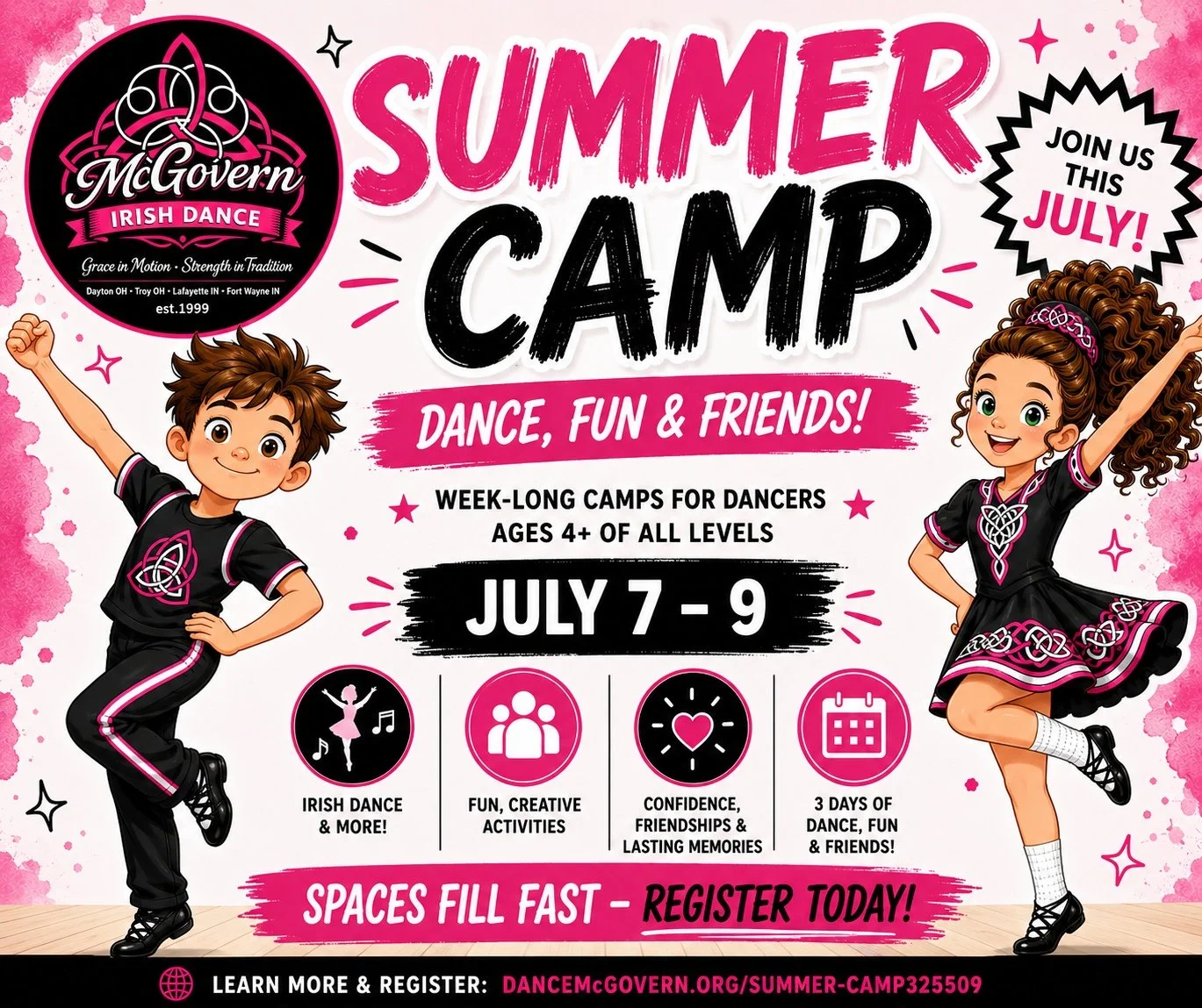 ☀️🎀 Summer is Better with Irish Dance! 🎀☀️

Looking for an unforgettable way to spend a few days this July? Join us for McGovern Irish Dance Summer Camp!

🌈 July 7&ndash;9
✨ Make new friends
💖 Learn Irish dancing
🎨 Fun crafts &amp; games
🍀 Iris