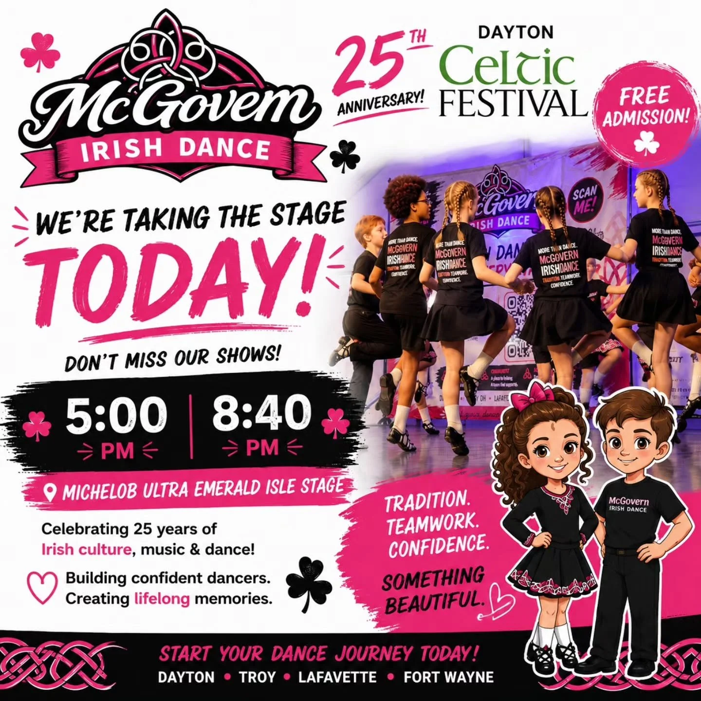 🎉 We're taking the stage TODAY! ☘️
If you're at the Dayton Celtic Festival, come cheer on the dancers of McGovern Irish Dance as they perform on the Michelob Ultra Emerald Isle Stage!

🖤 Performance Times 💚 5:00 PM 💚 8:40 PM

Whether you're think