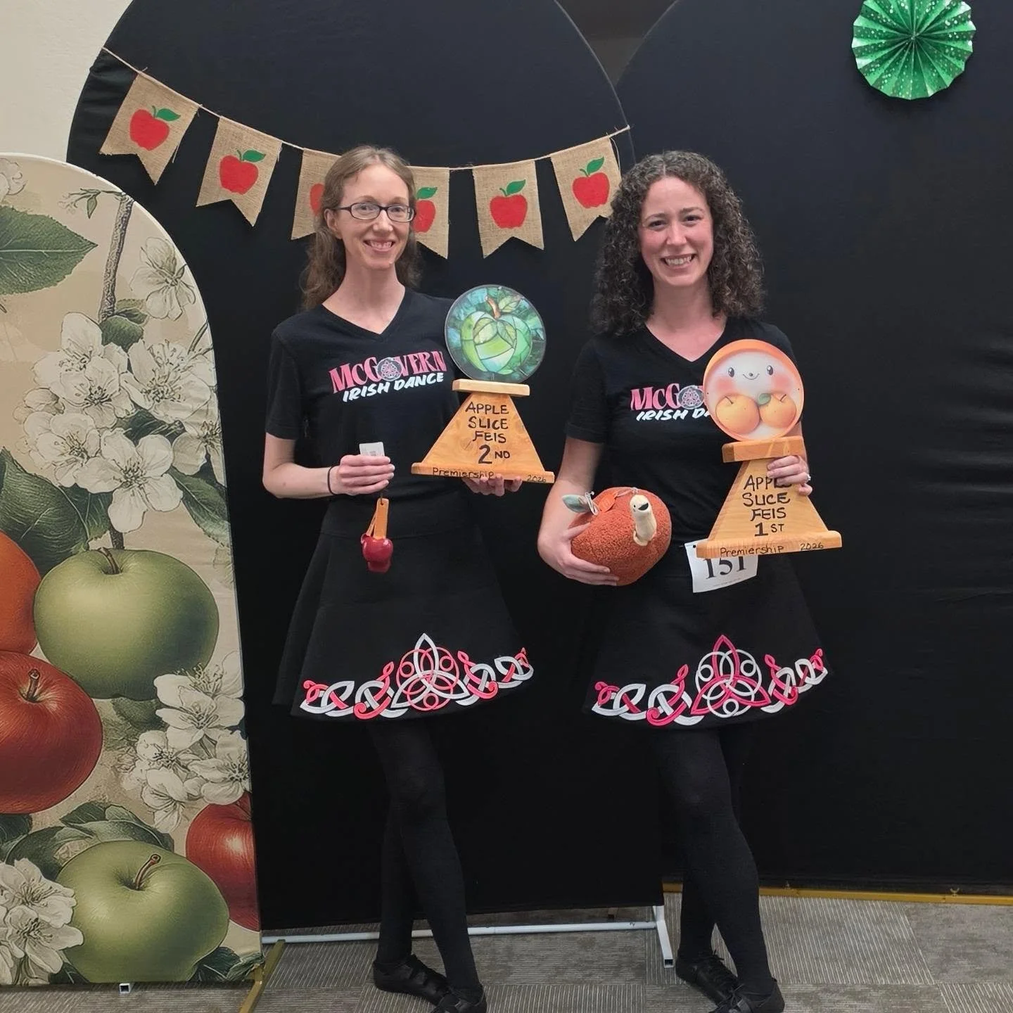 🍎 Our adult dancers had a fantastic day at the Apple Slice Feis! ☘️🖤🩷
So proud of these two! 1st and 2nd in their Premierships &mdash; and plenty of smiles to go with those fabulous apple trophies. 🏆🍎

Irish dance really is for every age and eve