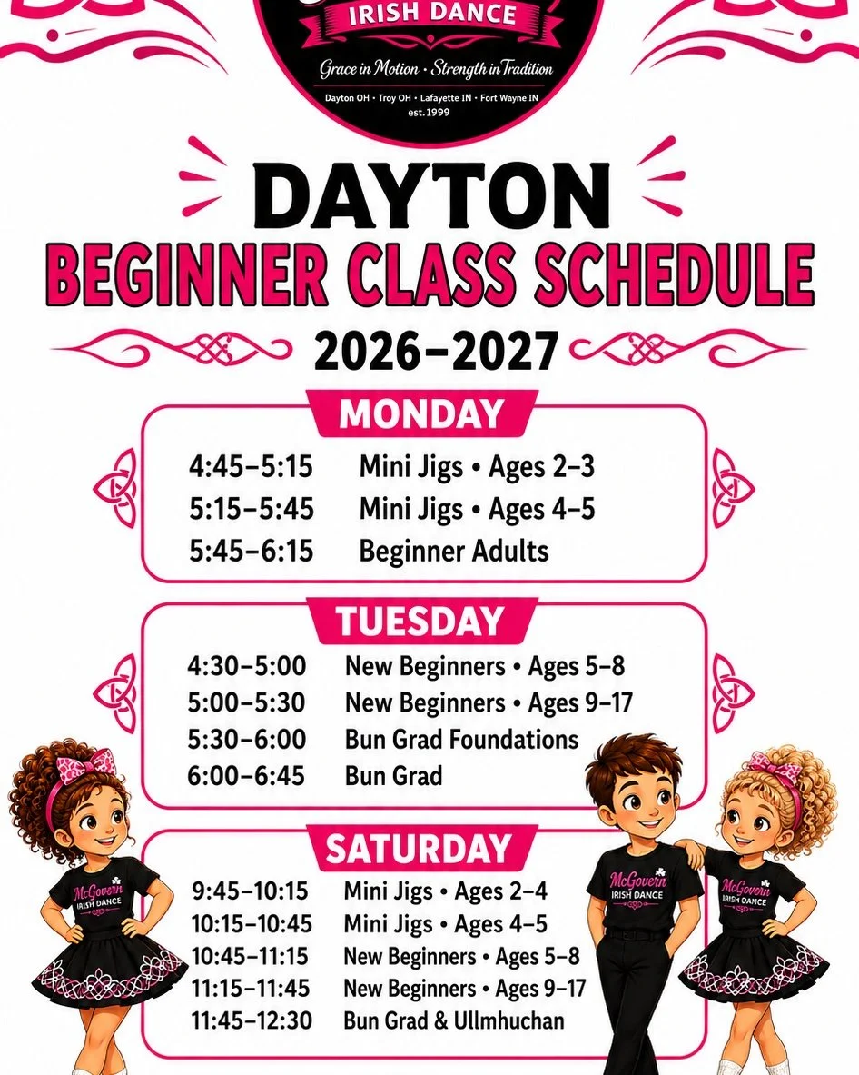 ✨ There&rsquo;s a place for every new dancer at McGovern Irish Dance!

Our Dayton beginner classes welcome dancers from age 2 through adult&mdash;no previous Irish dance experience needed. Whether you have a little one ready for Mini Jigs, a school-a