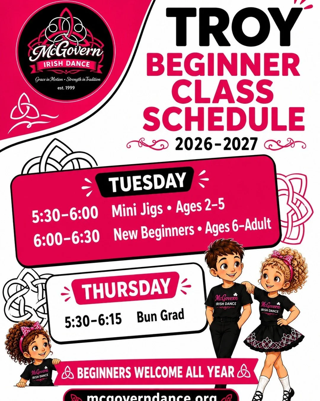 💗 Troy beginners&mdash;your Irish dance journey can start right here!

McGovern Irish Dance offers welcoming beginner classes for preschoolers, youth, teens, and adults. No previous dance experience is needed!

✨ Tuesdays

&bull; 5:30&ndash;6:00 PM 