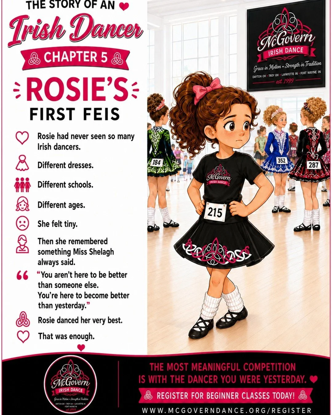 🌸 𝗧𝗵𝗲 𝗦𝘁𝗼𝗿𝘆 𝗼𝗳 𝗮𝗻 𝗜𝗿𝗶𝘀𝗵 𝗗𝗮𝗻𝗰𝗲𝗿 𝗖𝗵𝗮𝗽𝘁𝗲𝗿 𝟱 &ndash; 𝗥𝗼𝘀𝗶𝗲&rsquo;𝘀 𝗙𝗶𝗿𝘀𝘁 𝗙𝗲𝗶𝘀

Rosie had practiced her steps again and again.
Now it was time for her very first feis&mdash;an Irish dance competition.
When sh