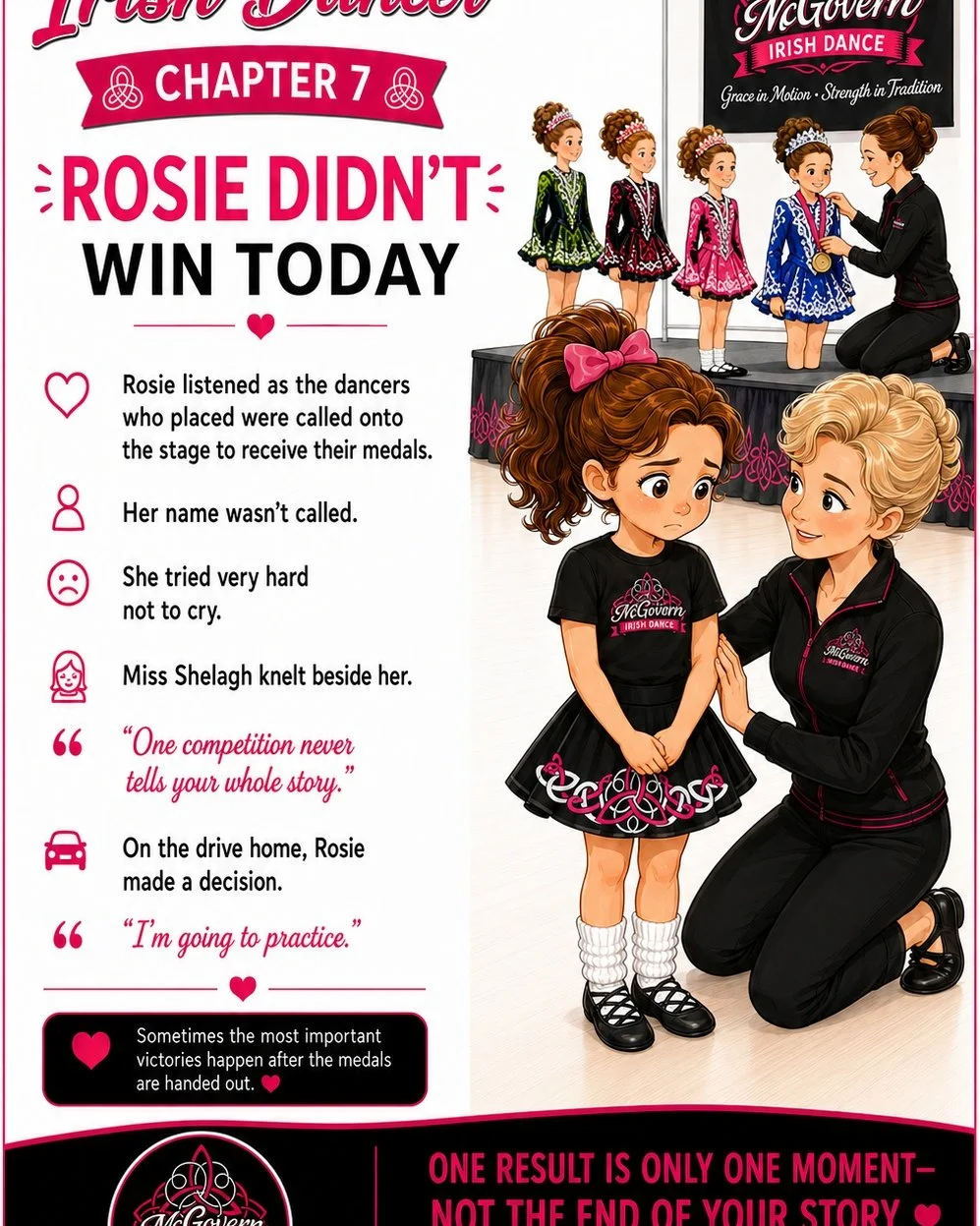 🌸 The Story of an Irish Dancer
Chapter 7 &ndash; Rosie Didn&rsquo;t Win Today

Rosie stood with the other dancers and listened as the placements were announced.

One by one, the dancers who had placed were called onto the stage to receive their meda
